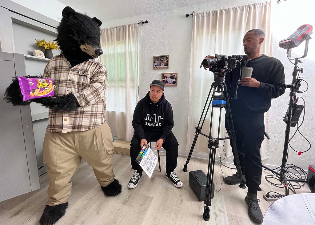 Director Matthew Mason working on a professional bear campaign production