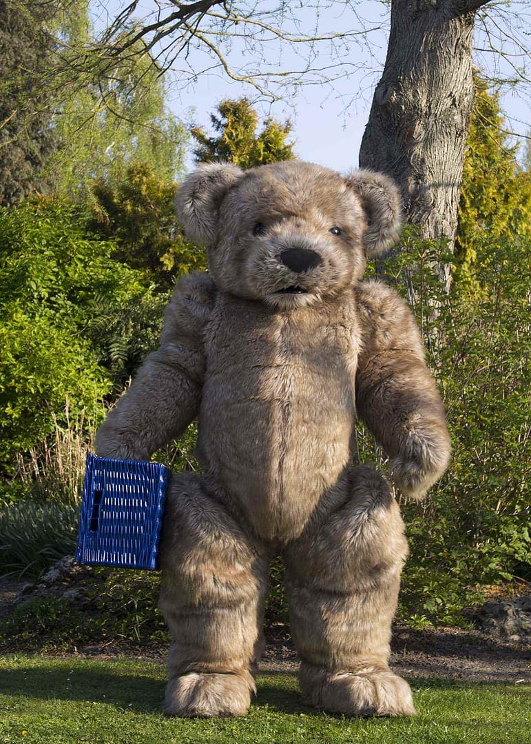realistic jointed teddy bear costume hire by tv bears international